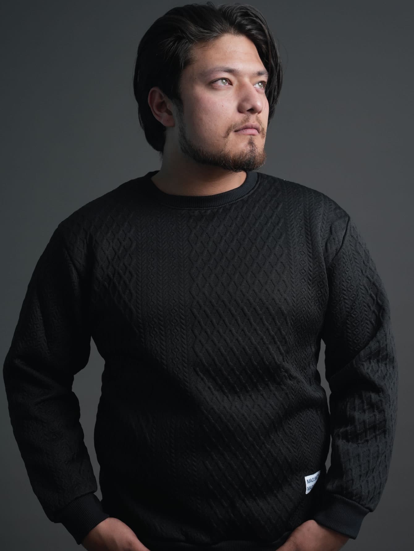 Popular Online Jacquard White T-Shirt for Men – High-End Waffle Knit Sweatshirt, City Boy Crew Neck Pullover Base Layer