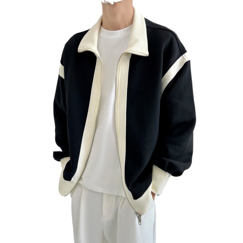 Long Sleeve Stand Collar Two-Tone Zip-Up Jacket – Oversized Hong Kong / Japan Street Style